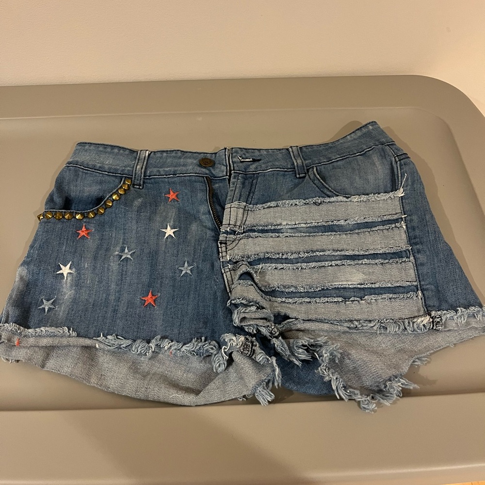 Guess Blue Distressed Jean Shorts with Cuffed Hem